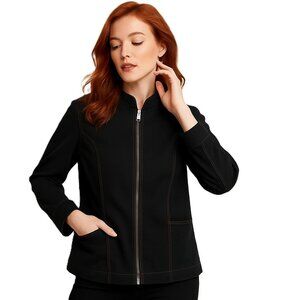 Denim & Co Black Zip Jacket Cotton Stretch Band Collar Size L XL – Casual Chic